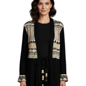 SHARON ANTHONY Shacket  Black Tie Front Aztec Tribal Print Cream Womens SZ S/M